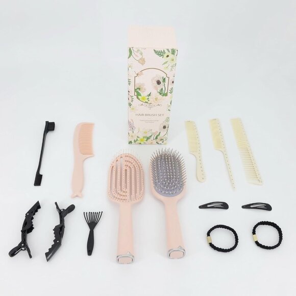 Hair Brush Set with Combs Accessories Gift Box Pink Dense Nylon Bristles - Picture 3 of 9